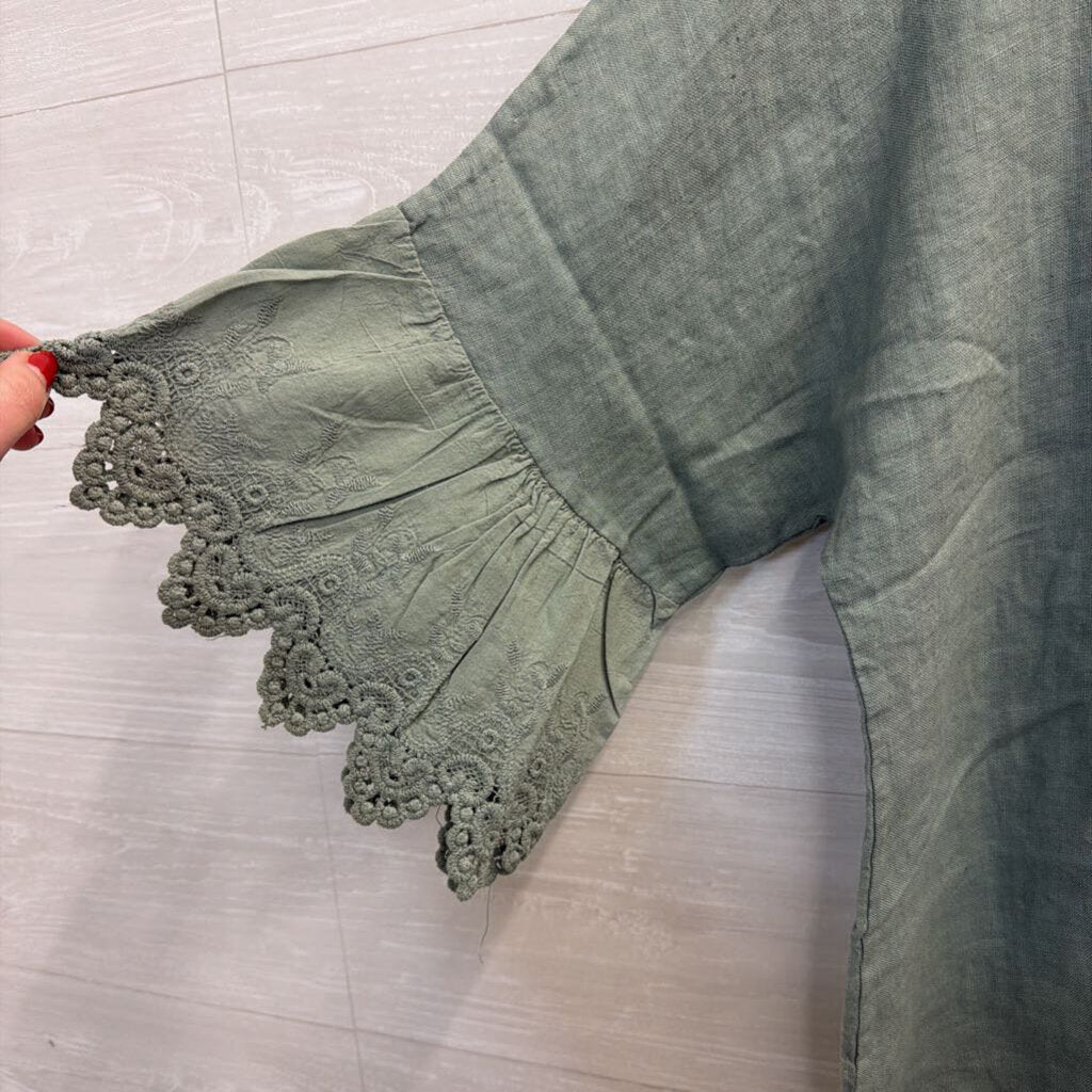 Sage Green Linen Top with Lace Edge Medium/Large