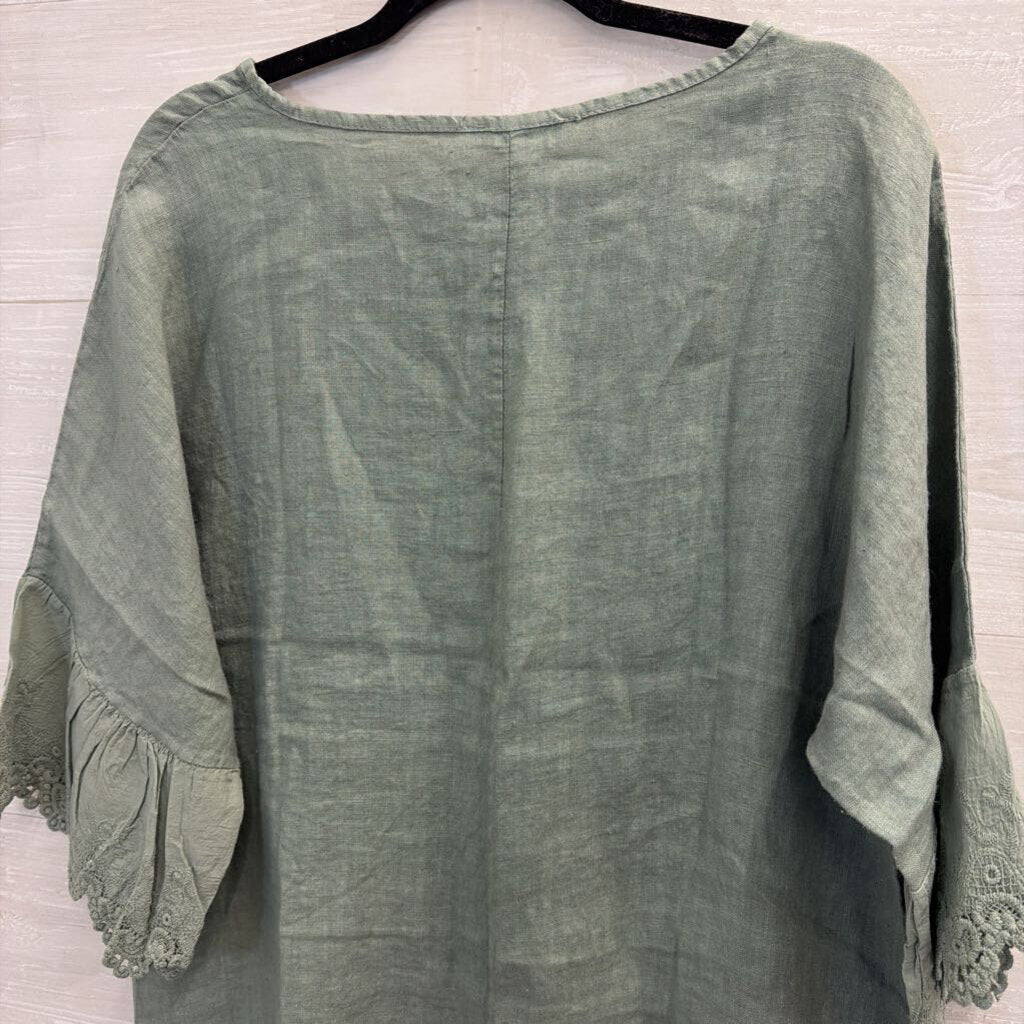 Sage Green Linen Top with Lace Edge Medium/Large