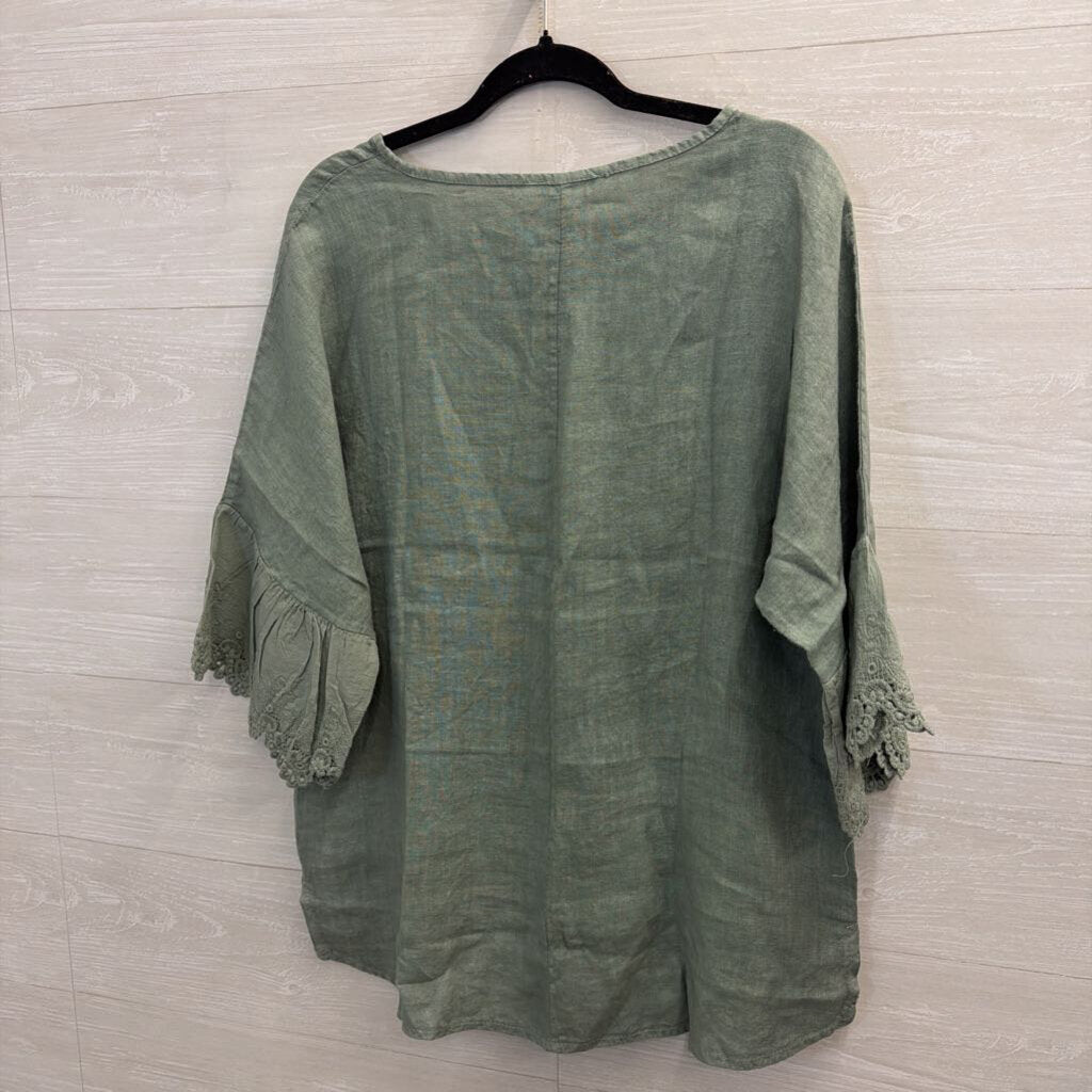 Sage Green Linen Top with Lace Edge Medium/Large