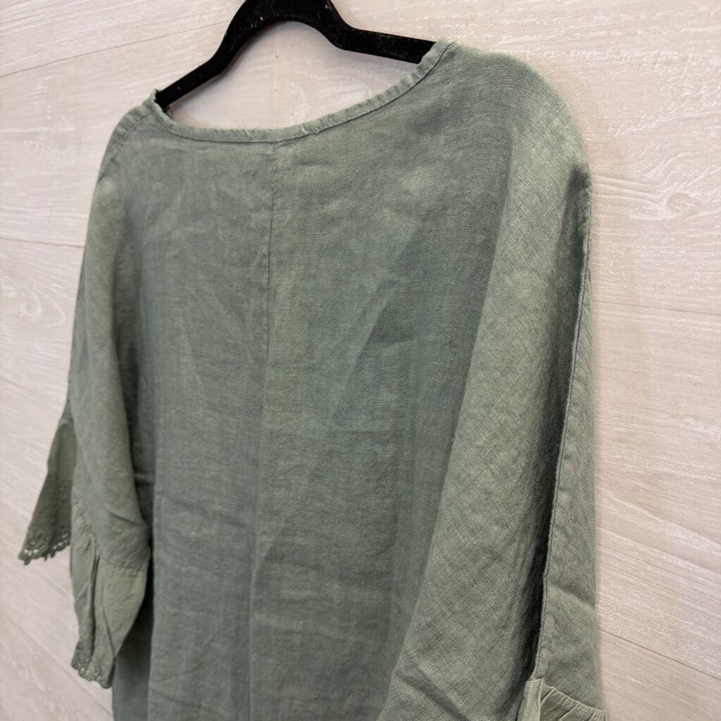 Sage Green Linen Top with Lace Edge Medium/Large
