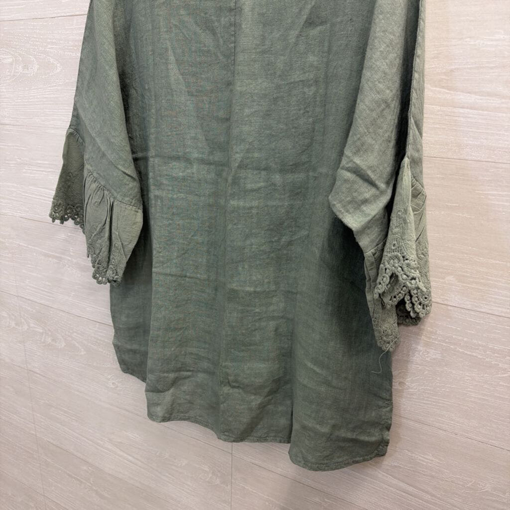 Sage Green Linen Top with Lace Edge Medium/Large