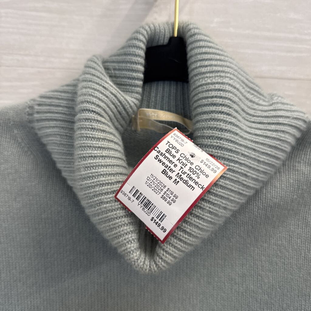 Chloe Blue Knit 100% Cashmere Turtleneck Sweater Medium