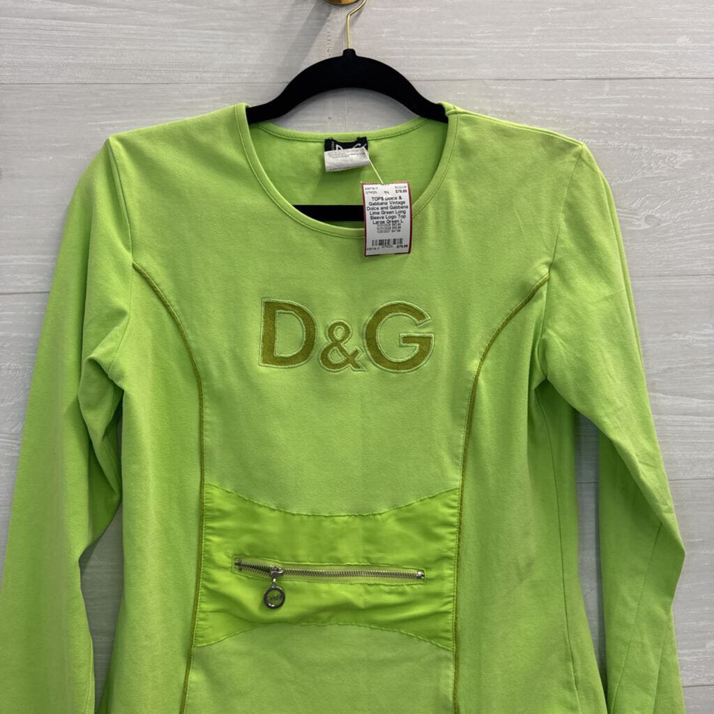 Vintage Dolce and Gabbana Lime Green Long Sleeve Logo Top Large