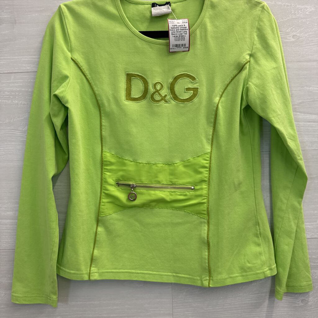 Vintage Dolce and Gabbana Lime Green Long Sleeve Logo Top Large