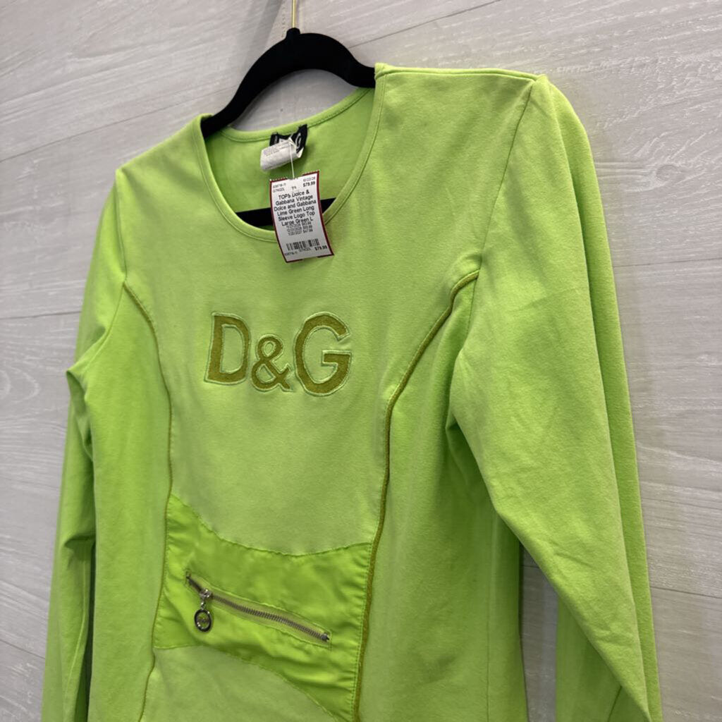 Vintage Dolce and Gabbana Lime Green Long Sleeve Logo Top Large