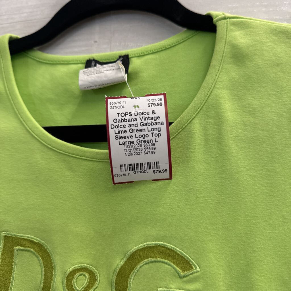 Vintage Dolce and Gabbana Lime Green Long Sleeve Logo Top Large