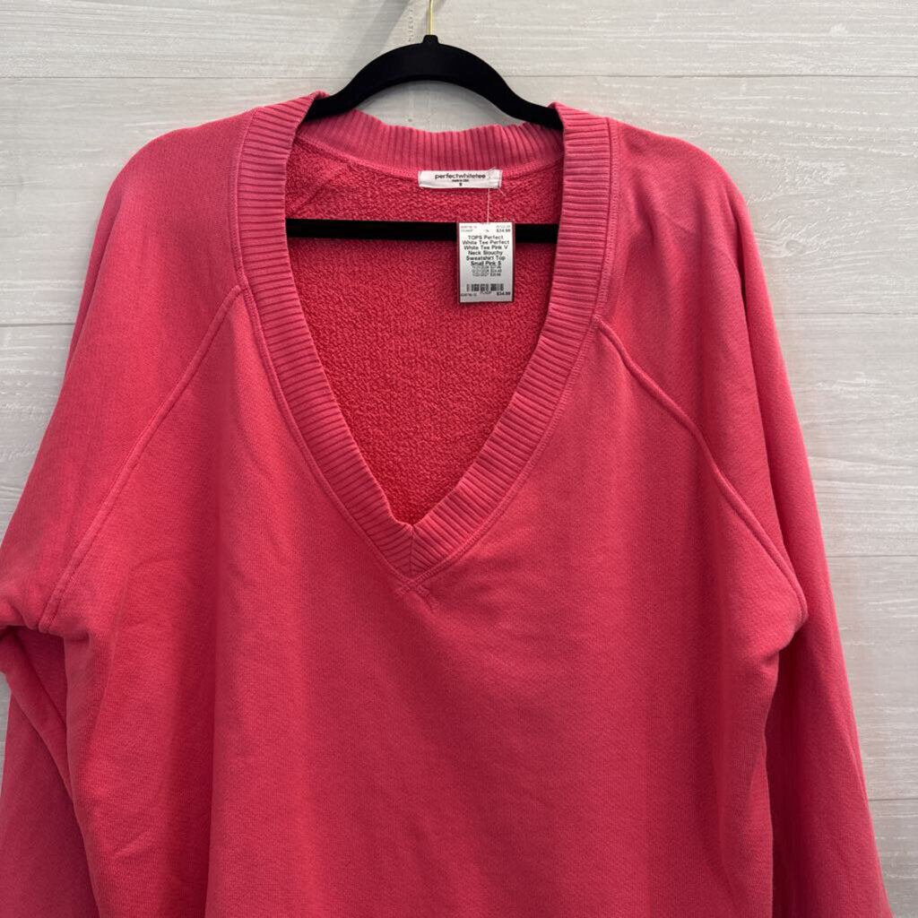 Perfect White Tee Pink V Neck Slouchy Sweatshirt Top Small