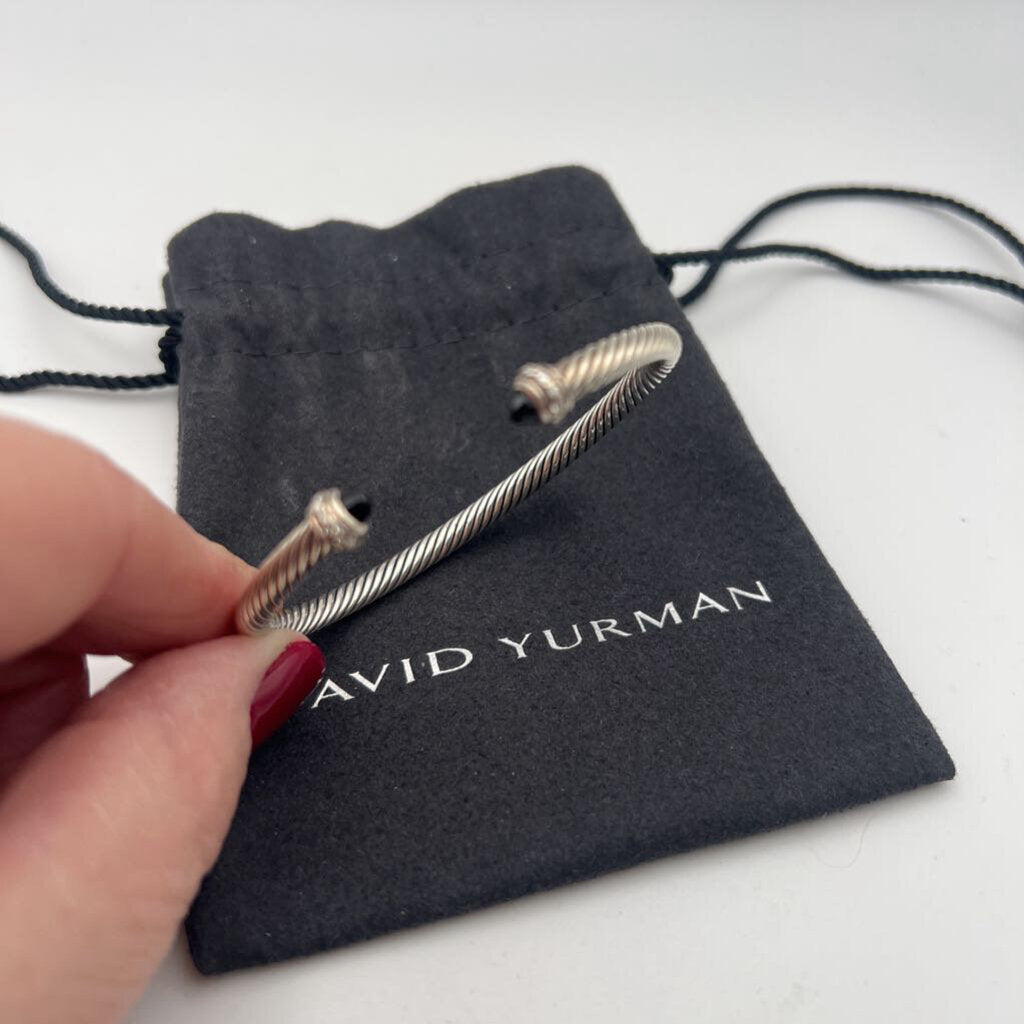 David Yurman Sterling Silver Cable Black Onyx Diamond Studded Cuff Bracelet
