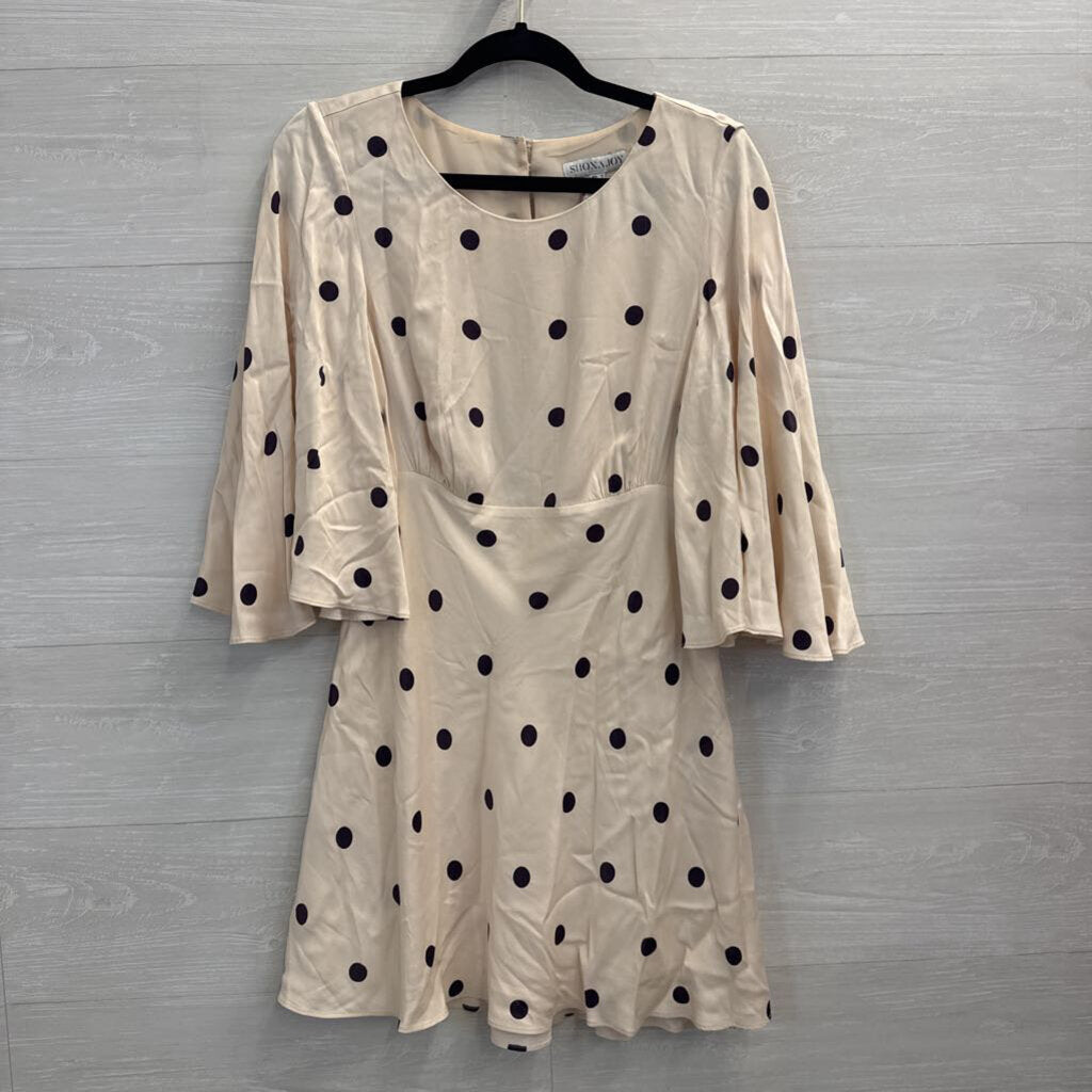 Shona Joy Cream/ Purple Poka Dot Print Silky Flutter Sleeve Dress 8