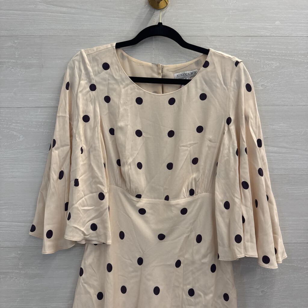 Shona Joy Cream/ Purple Poka Dot Print Silky Flutter Sleeve Dress 8