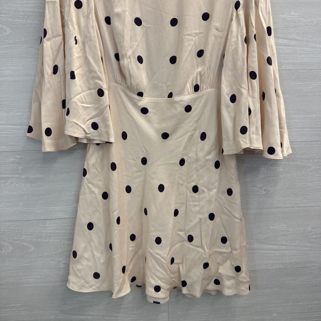 Shona Joy Cream/ Purple Poka Dot Print Silky Flutter Sleeve Dress 8
