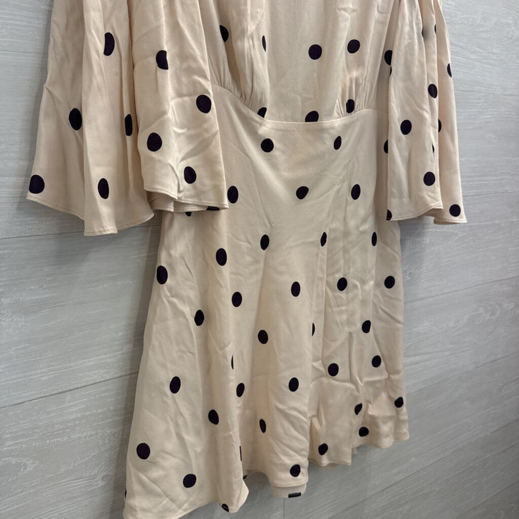 Shona Joy Cream/ Purple Poka Dot Print Silky Flutter Sleeve Dress 8
