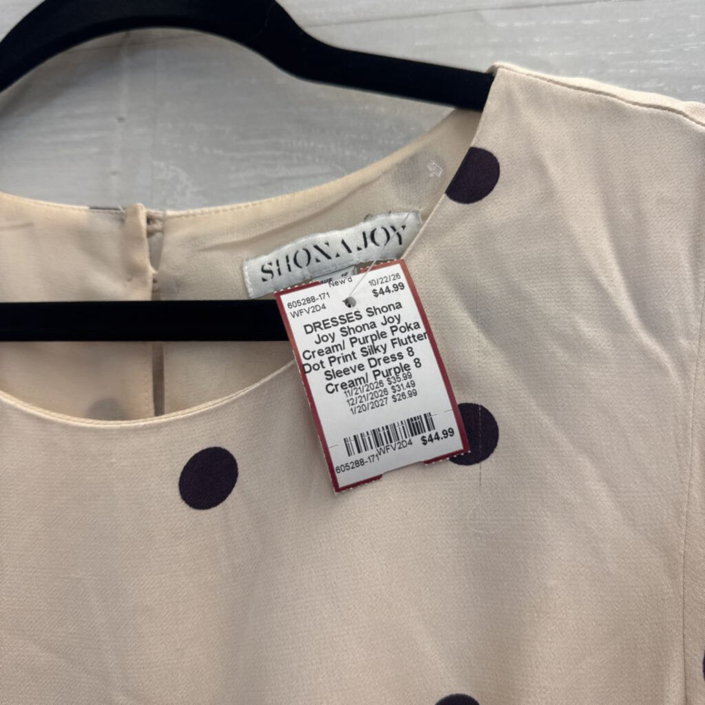Shona Joy Cream/ Purple Poka Dot Print Silky Flutter Sleeve Dress 8