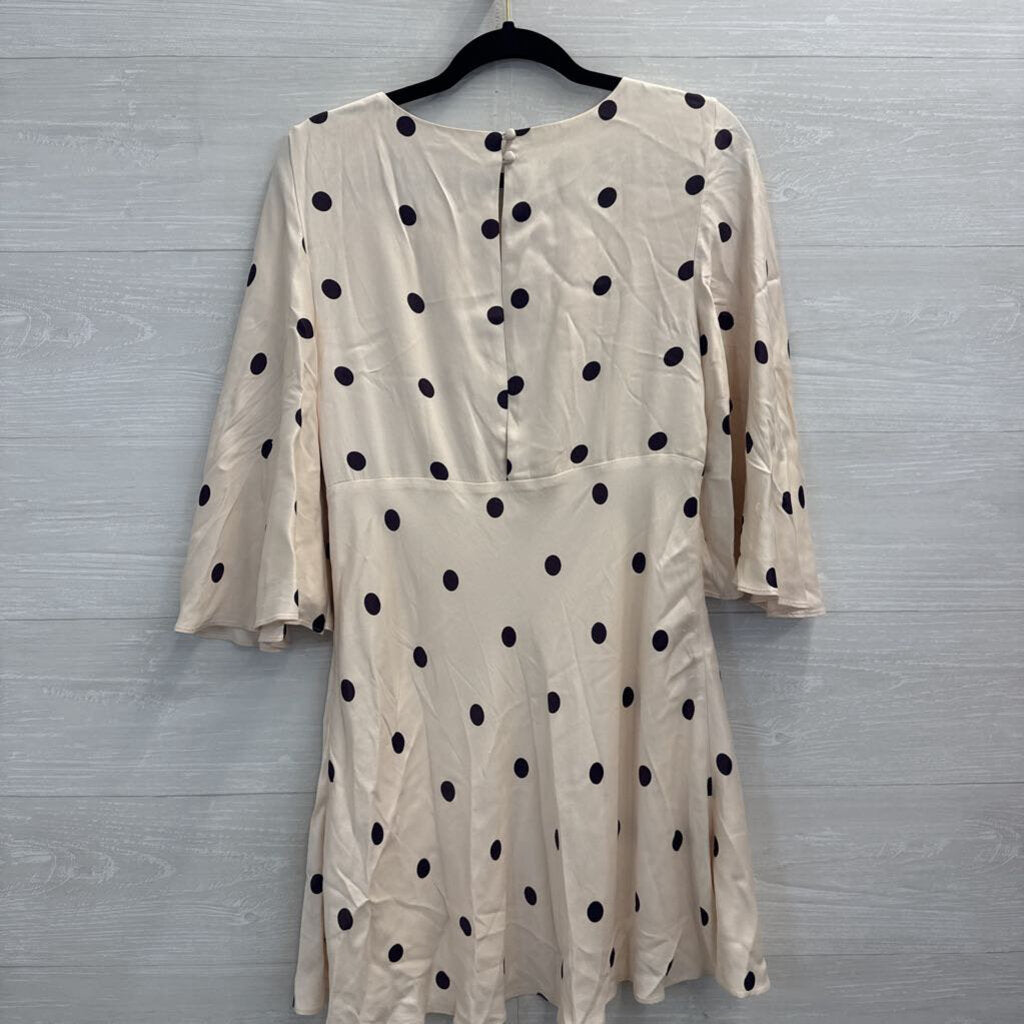 Shona Joy Cream/ Purple Poka Dot Print Silky Flutter Sleeve Dress 8