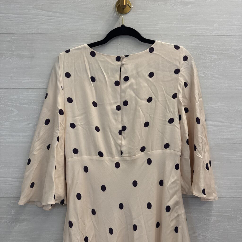 Shona Joy Cream/ Purple Poka Dot Print Silky Flutter Sleeve Dress 8