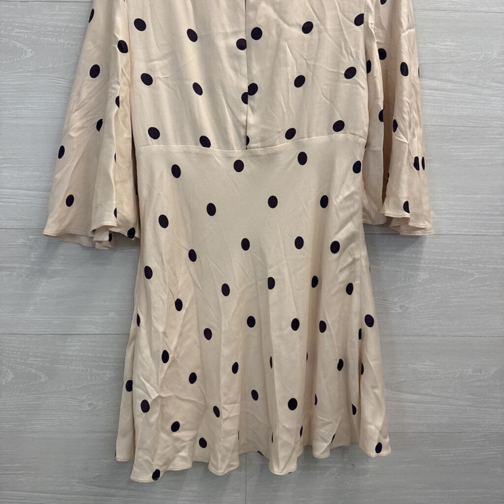 Shona Joy Cream/ Purple Poka Dot Print Silky Flutter Sleeve Dress 8