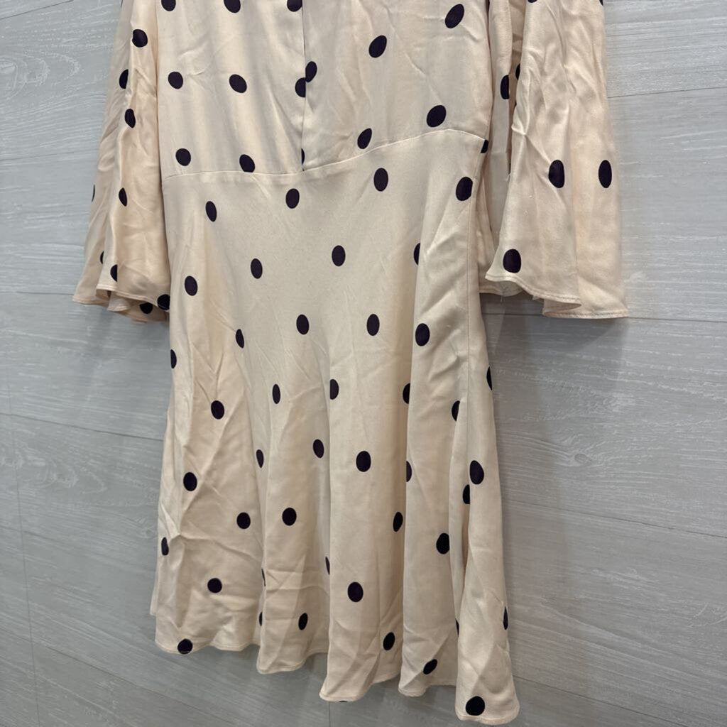 Shona Joy Cream/ Purple Poka Dot Print Silky Flutter Sleeve Dress 8