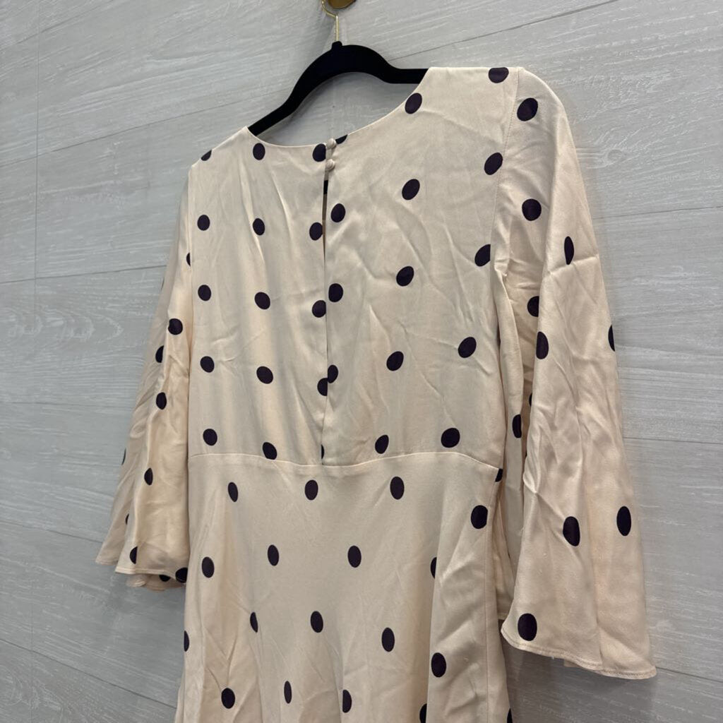 Shona Joy Cream/ Purple Poka Dot Print Silky Flutter Sleeve Dress 8