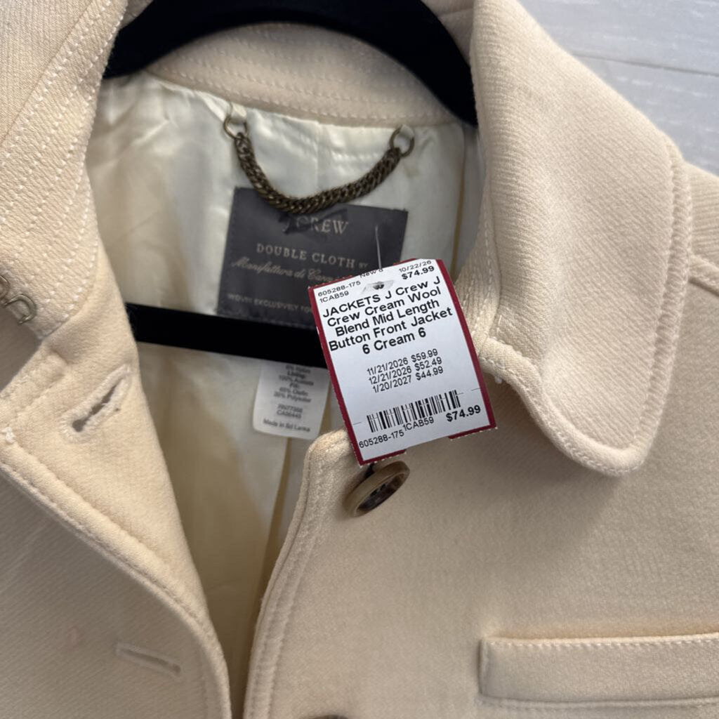 J Crew Cream Wool Blend Mid Length Button Front Jacket 6