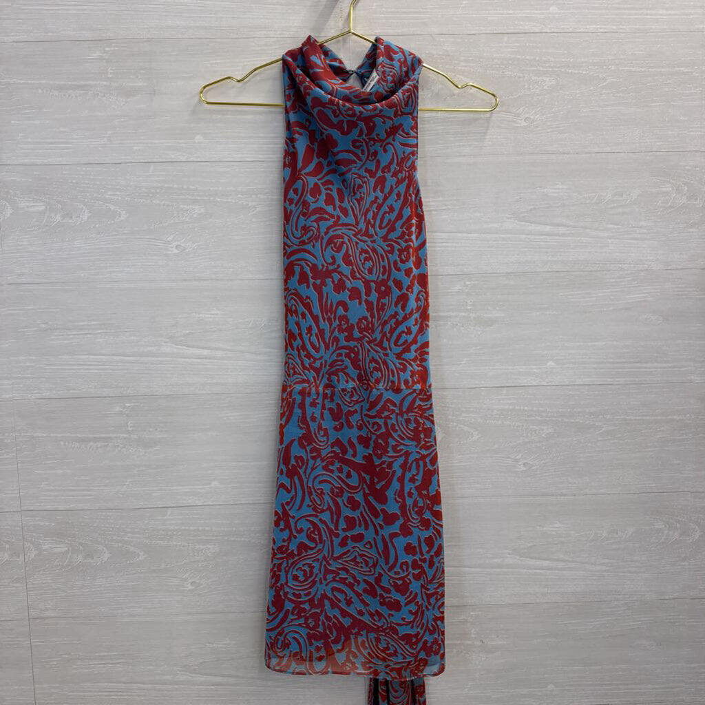 Amanda Uprichard Blue/ Orange Silky Print High Neck Dress Large