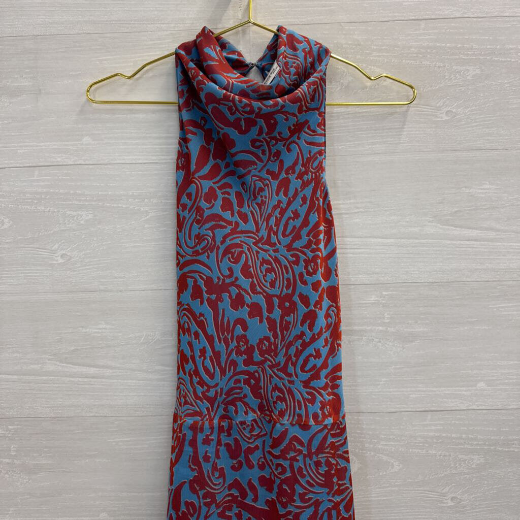 Amanda Uprichard Blue/ Orange Silky Print High Neck Dress Large