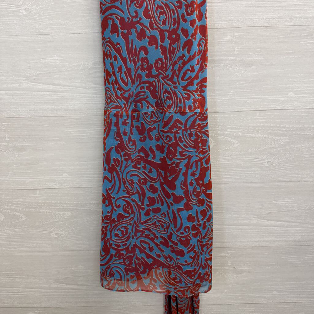 Amanda Uprichard Blue/ Orange Silky Print High Neck Dress Large