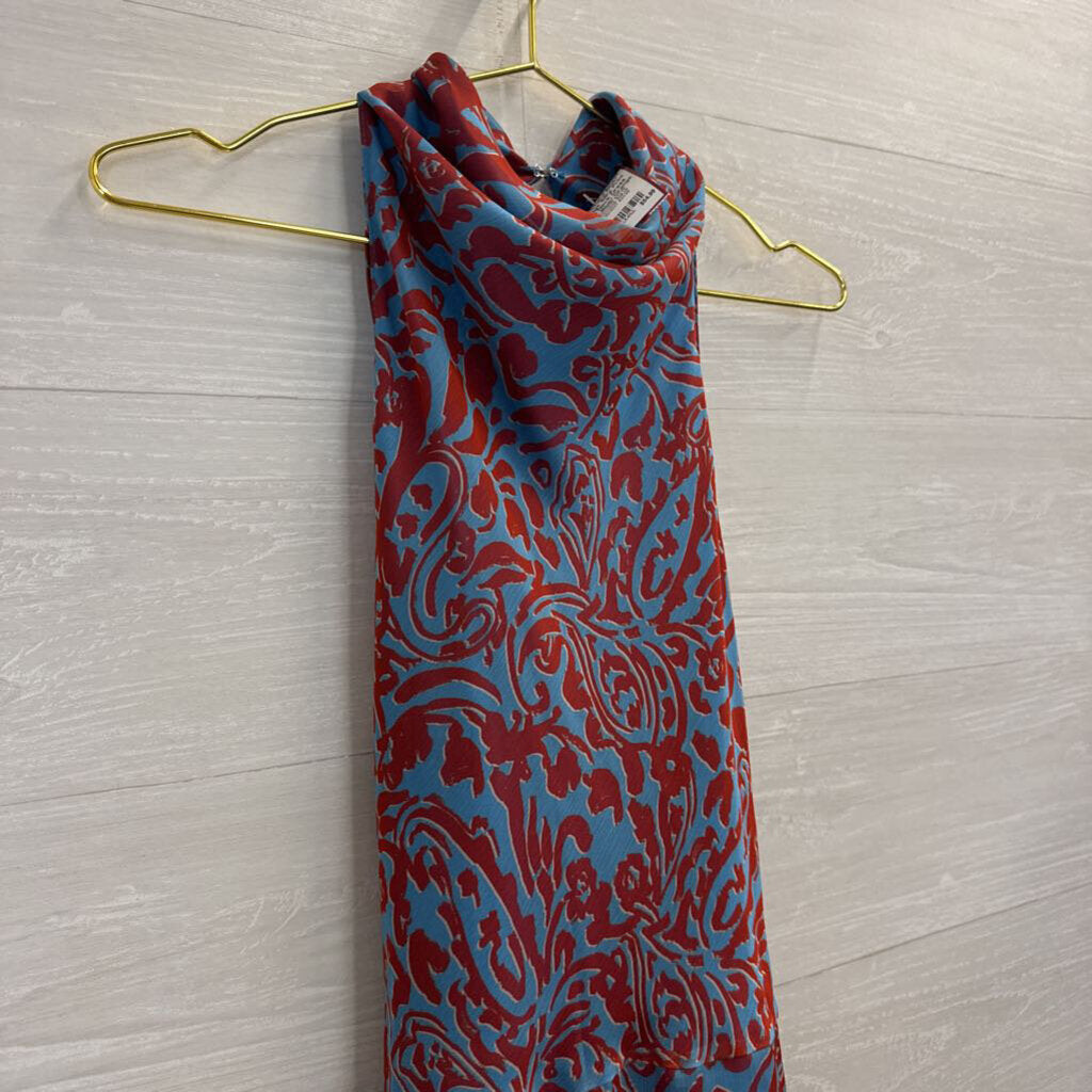 Amanda Uprichard Blue/ Orange Silky Print High Neck Dress Large