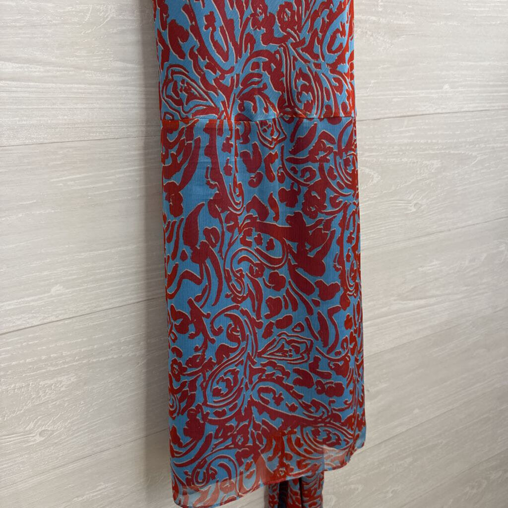 Amanda Uprichard Blue/ Orange Silky Print High Neck Dress Large