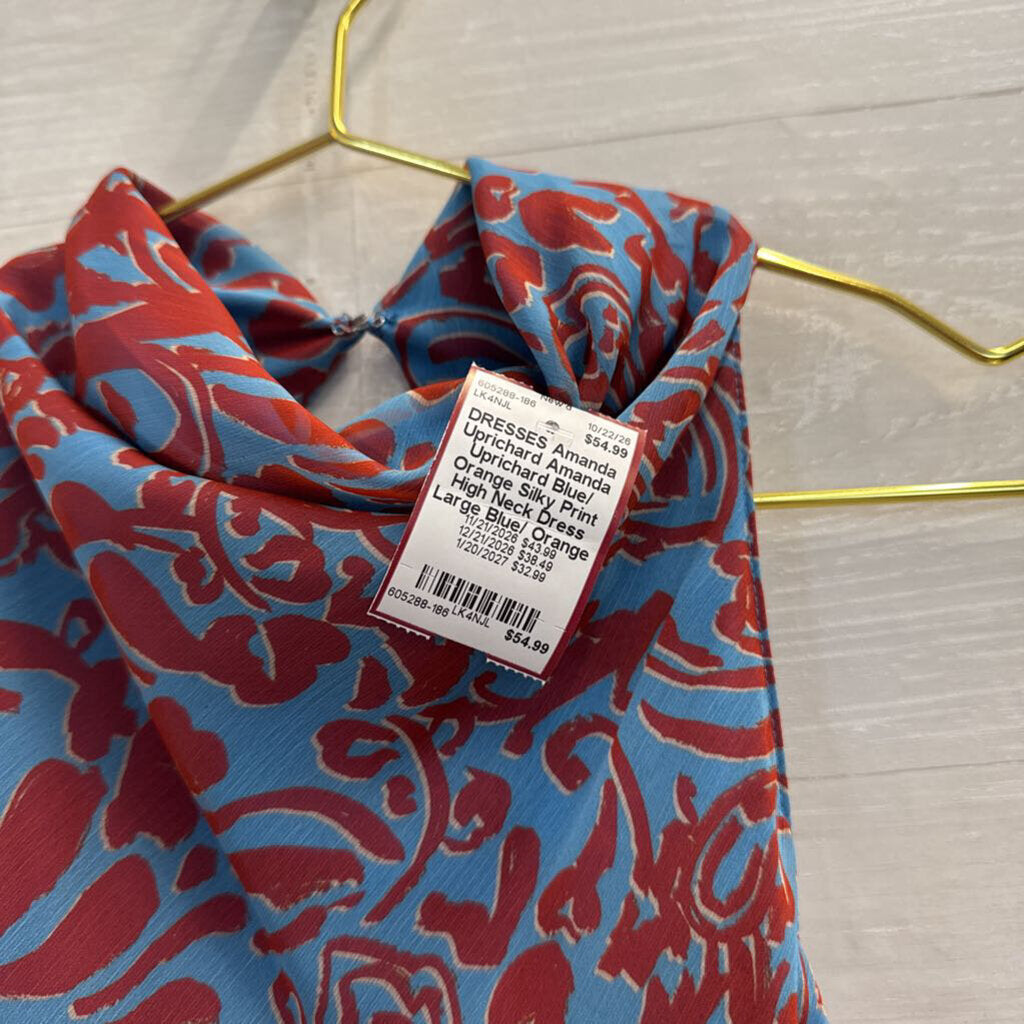 Amanda Uprichard Blue/ Orange Silky Print High Neck Dress Large