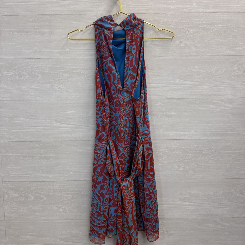 Amanda Uprichard Blue/ Orange Silky Print High Neck Dress Large