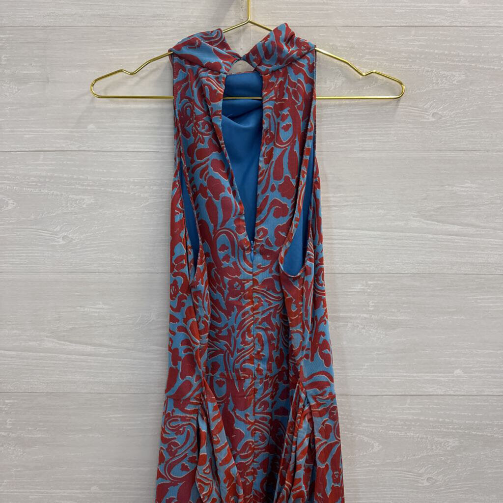 Amanda Uprichard Blue/ Orange Silky Print High Neck Dress Large