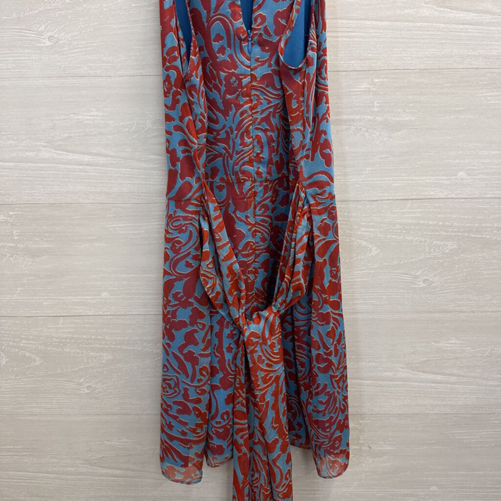 Amanda Uprichard Blue/ Orange Silky Print High Neck Dress Large