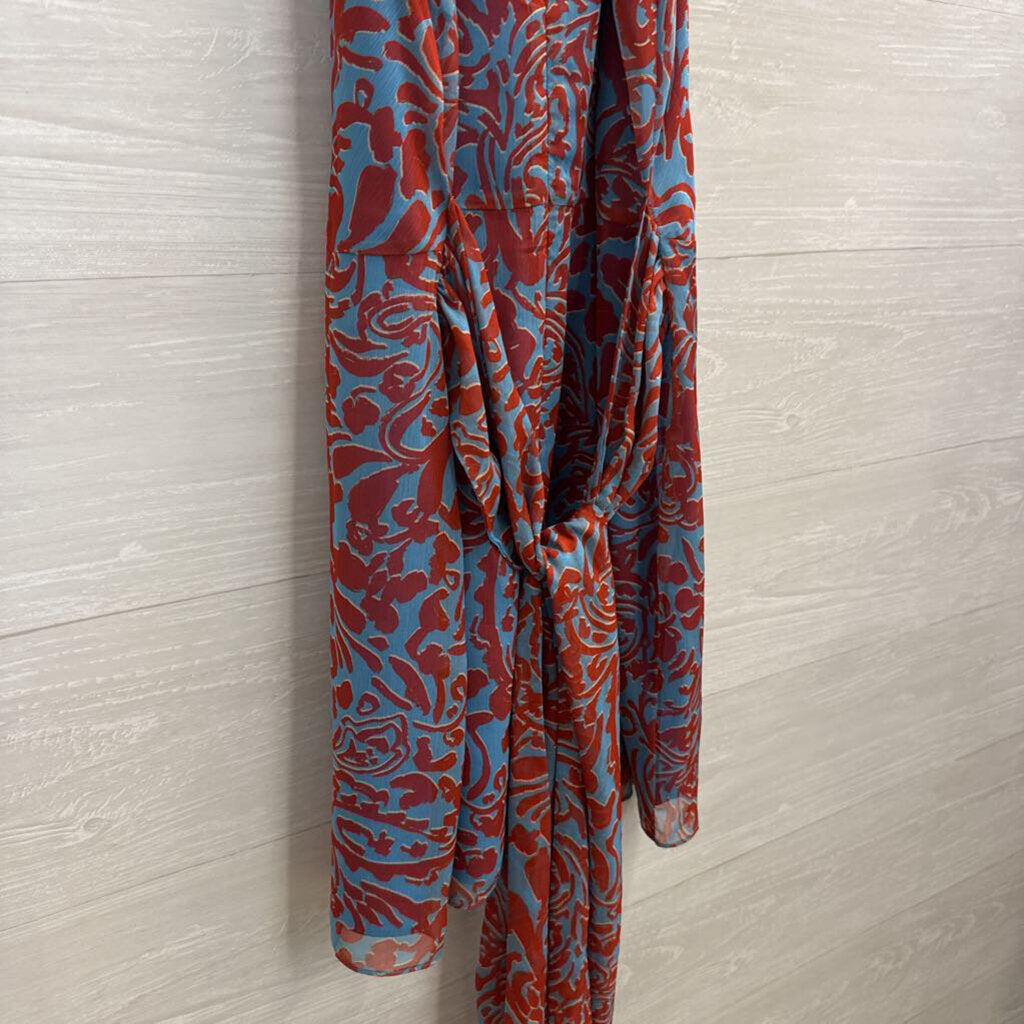 Amanda Uprichard Blue/ Orange Silky Print High Neck Dress Large