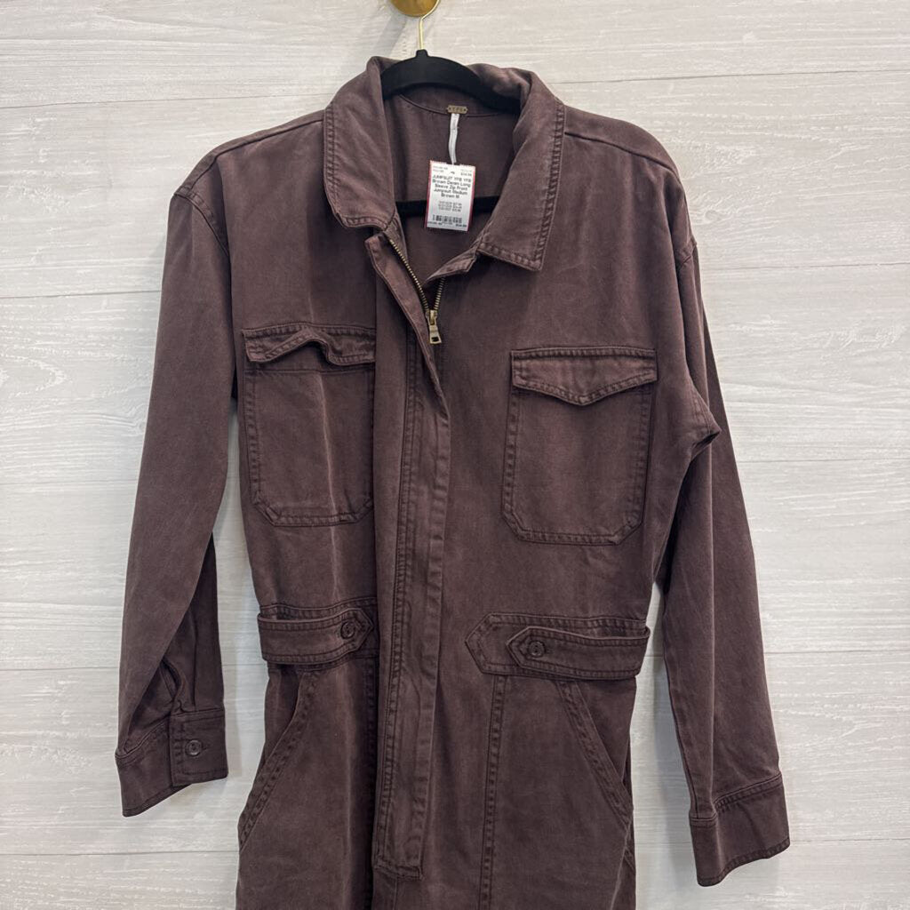 YFB Brown Denim Long Sleeve Zip Front Jumpsuit Medium