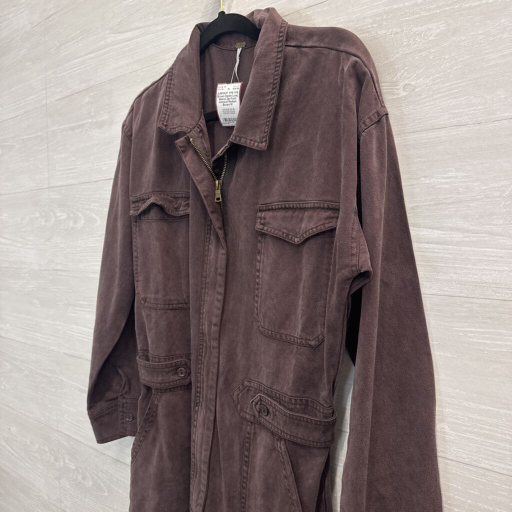YFB Brown Denim Long Sleeve Zip Front Jumpsuit Medium