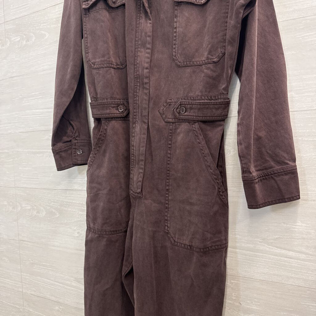 YFB Brown Denim Long Sleeve Zip Front Jumpsuit Medium