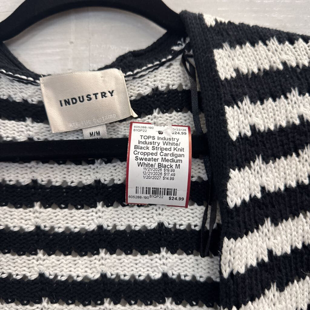 Industry White/ Black Striped Knit Cropped Cardigan Sweater Medium