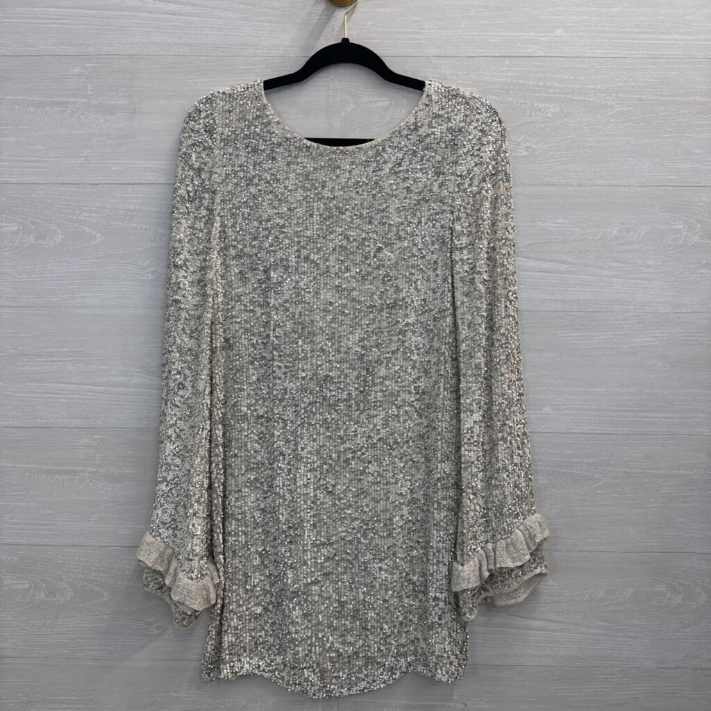 Isabelle Quinn Ivory/ Silver Sequin Long Sleeve Low Back Dress 8