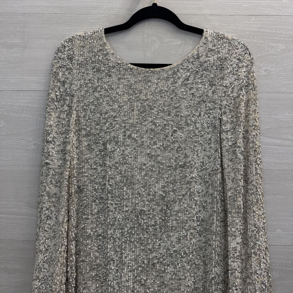 Isabelle Quinn Ivory/ Silver Sequin Long Sleeve Low Back Dress 8
