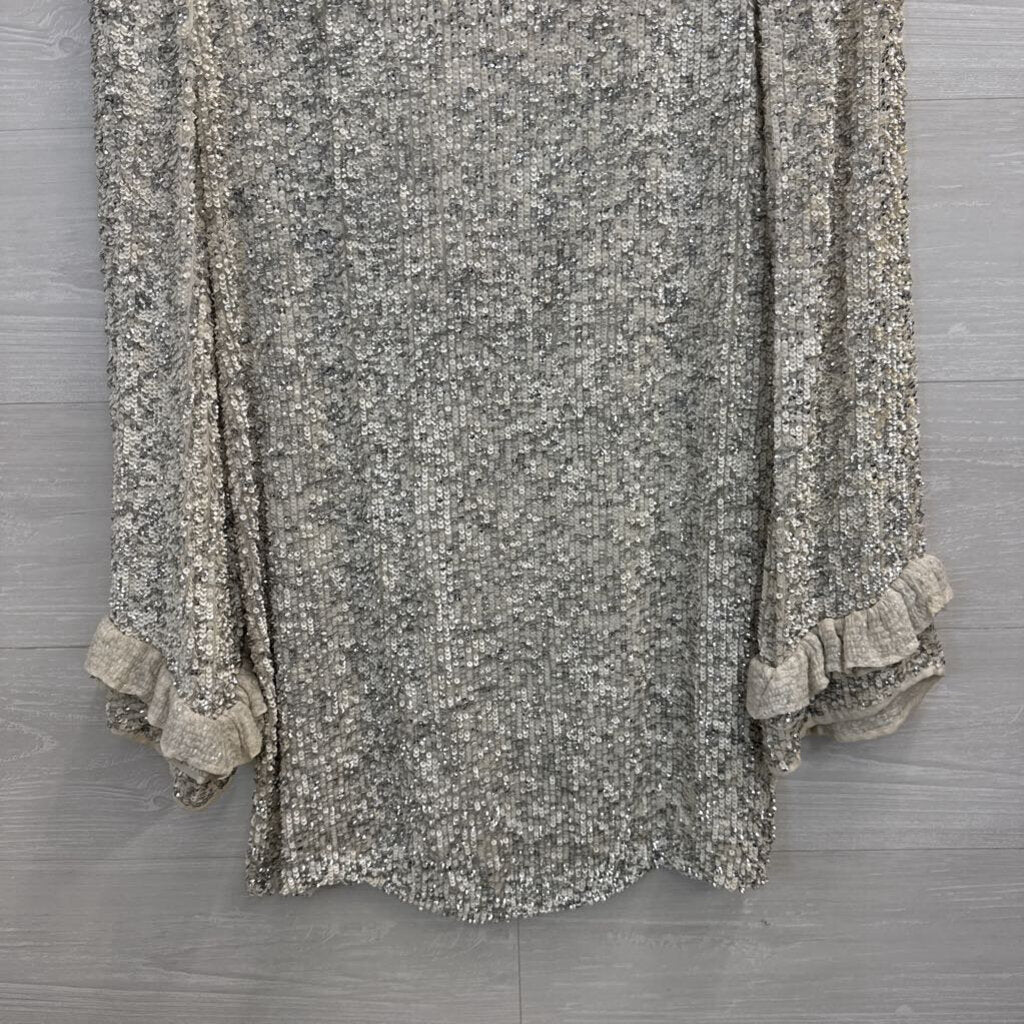 Isabelle Quinn Ivory/ Silver Sequin Long Sleeve Low Back Dress 8