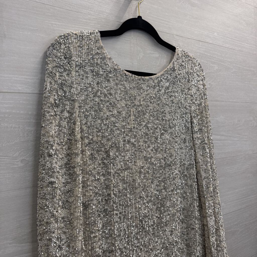 Isabelle Quinn Ivory/ Silver Sequin Long Sleeve Low Back Dress 8