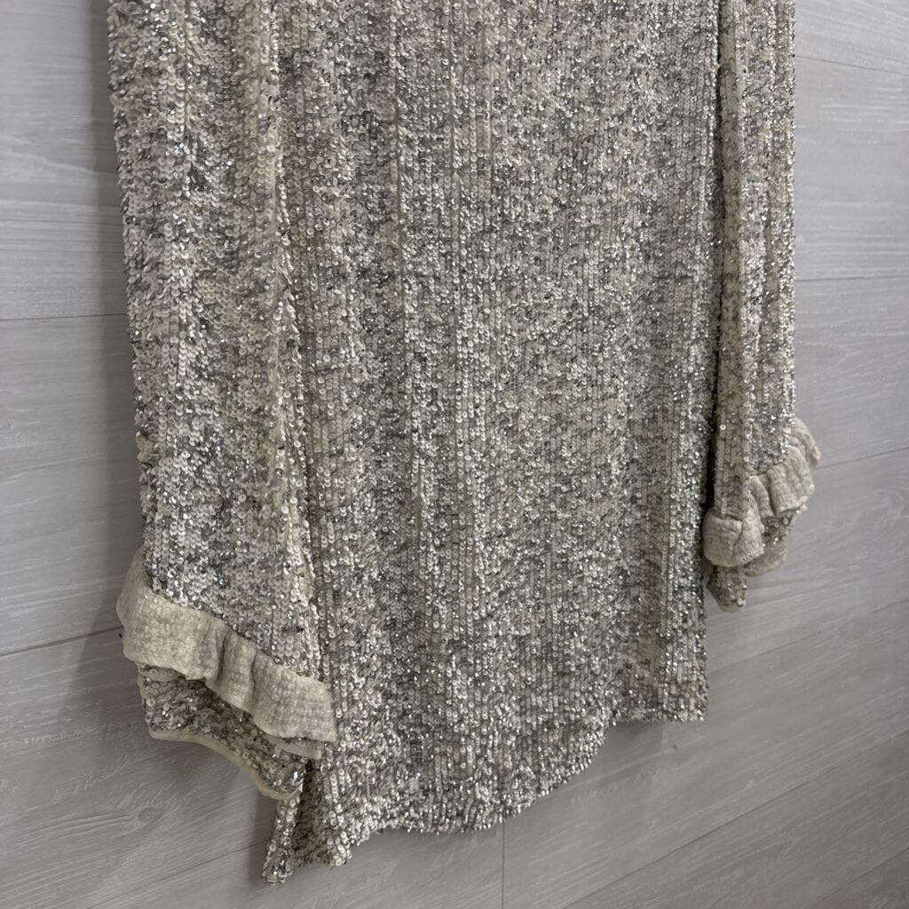 Isabelle Quinn Ivory/ Silver Sequin Long Sleeve Low Back Dress 8