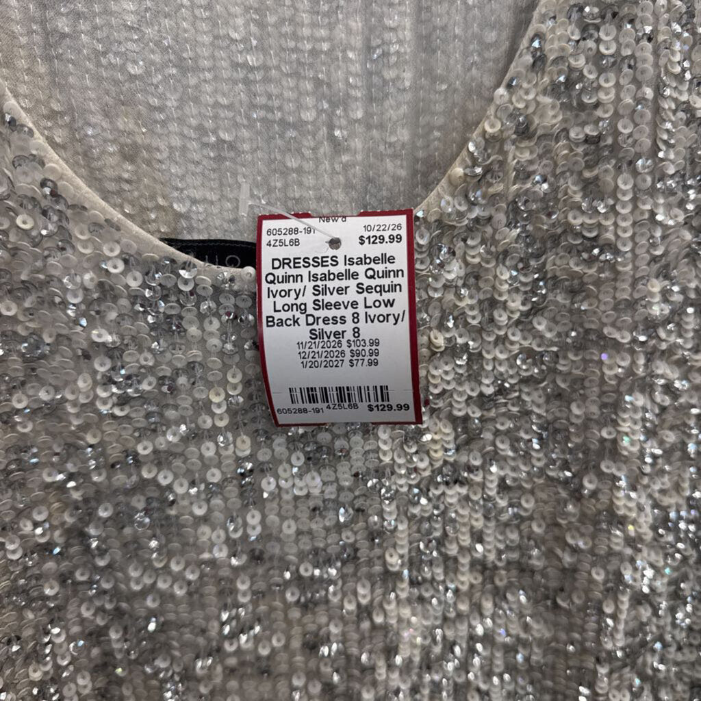 Isabelle Quinn Ivory/ Silver Sequin Long Sleeve Low Back Dress 8