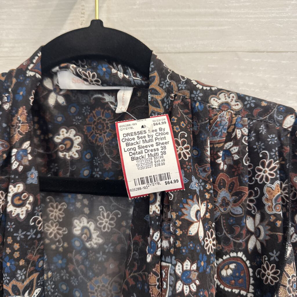 See by Chloe Black/ Multi Print Long Sleeve Sheer Detail Dress 38
