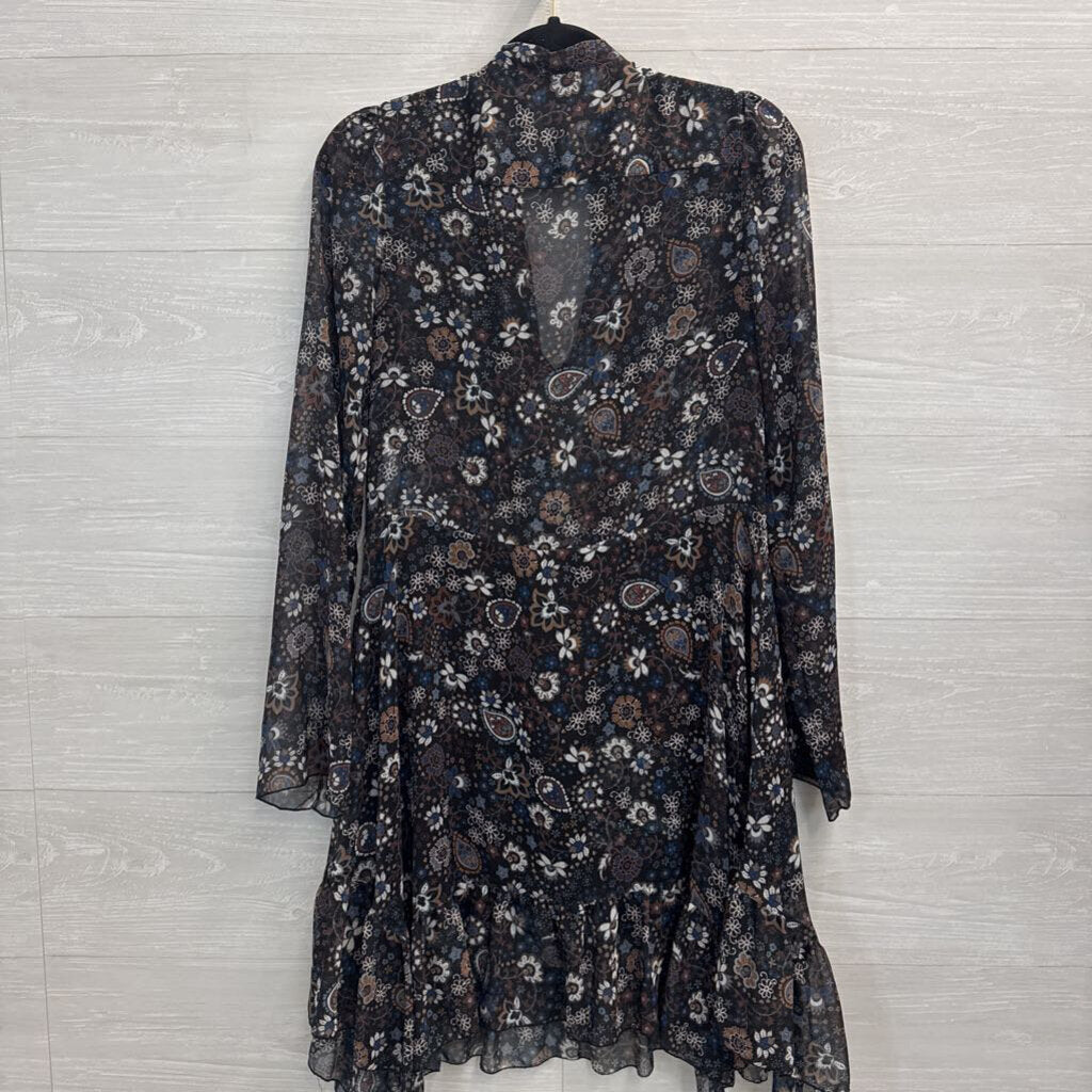 See by Chloe Black/ Multi Print Long Sleeve Sheer Detail Dress 38