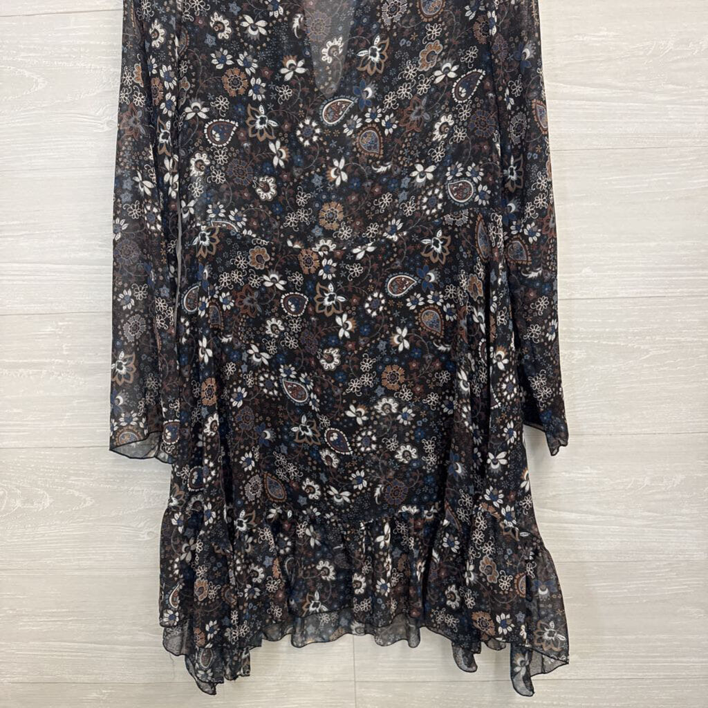 See by Chloe Black/ Multi Print Long Sleeve Sheer Detail Dress 38