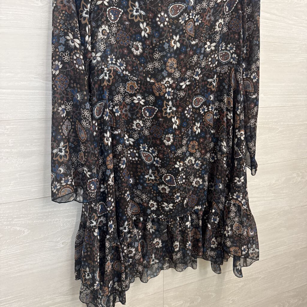 See by Chloe Black/ Multi Print Long Sleeve Sheer Detail Dress 38