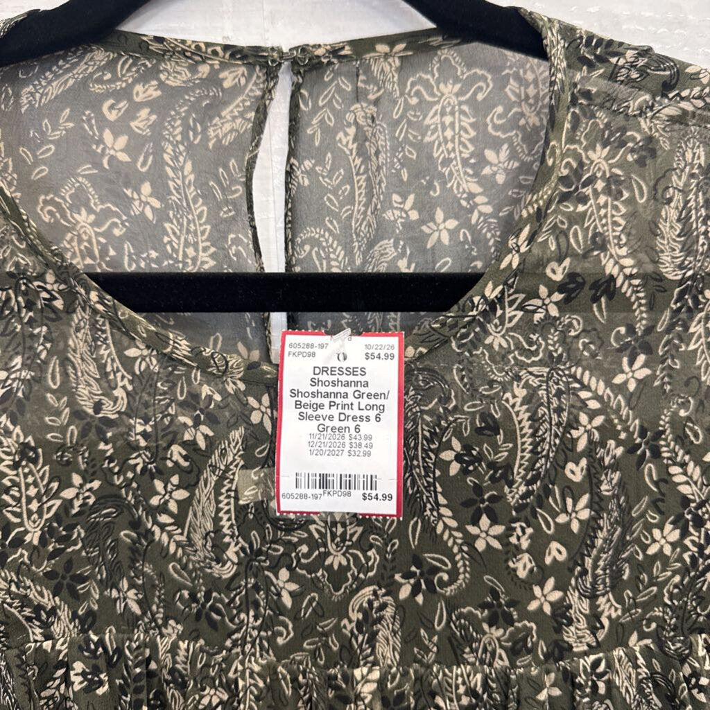 Shoshanna Green/ Beige Print Long Sleeve Dress 6