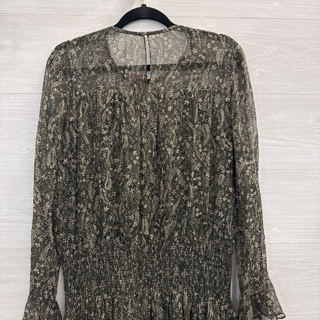 Shoshanna Green/ Beige Print Long Sleeve Dress 6