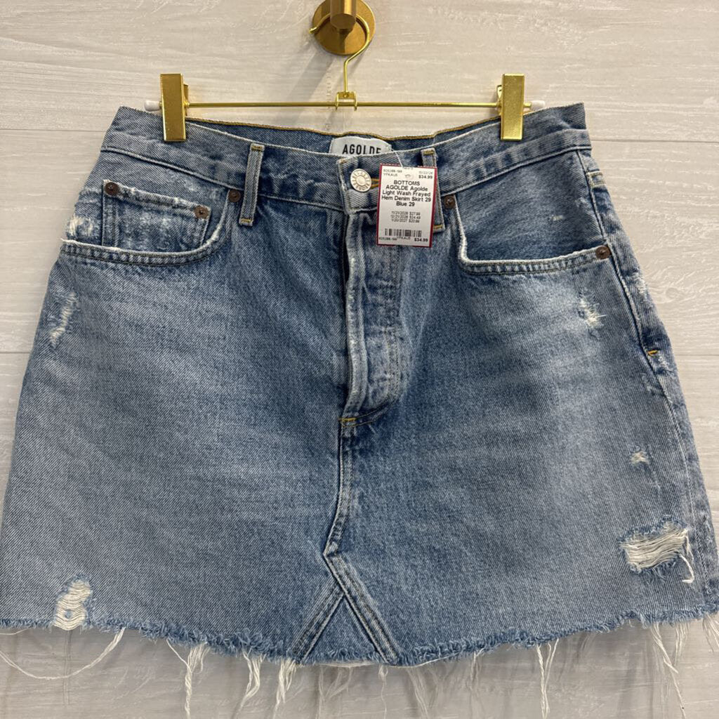 Agolde Light Wash Frayed Hem Denim Skirt 29